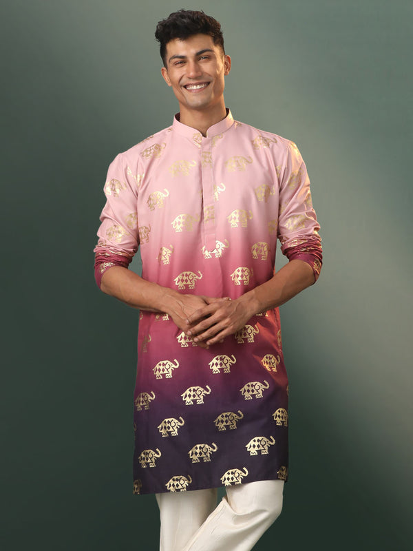 Men's Ombre Elephant Motif Print Cotton Blend Kurta